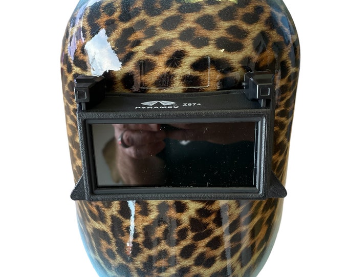 Hydro Dipped Custom Welding Helmet  WHP100 Cheetah Print with light blue edge.