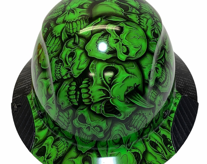 Custom Hydro Dipped Black and Alien Green Insanity Skulls Lift DAX Fifty 50 HDF50C-20GC Carbon Fiber Full Brim HardHat