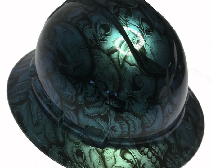 Custom Hydro Dipped Hard Hat Blue Green Chameleon Insanity Skulls Full Brim Ridgeline