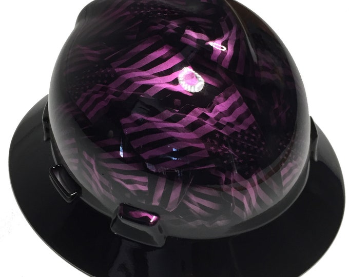 Custom Hydro Dipped Hard Hat MSA V-Gard Full Brim Kandy Purple Negative American Flags W/ Black Brim