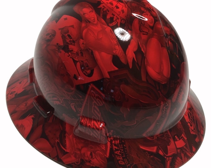 Hard Hat MSA V-Gard Full Brim Custom Red Naughty Boy Hydro Dipped