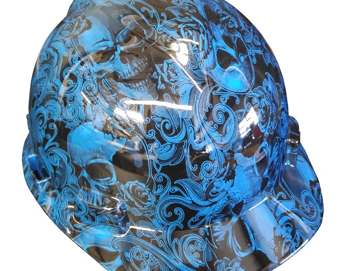 Hard Hat MSA V-Gard Cap Style Custom Blue Filigree Skulls