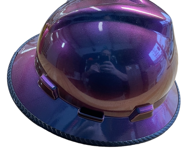Custom Painted Hard Hat Plum Crazy Purple MSA V-Gard Full Brim with edgegard