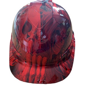 Custom Hydro Dipped Hard Hat Ridgeline Cap Style Kandy Red Ace of Skulls