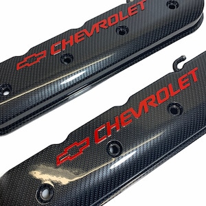 Custom Hydro Dipped LS Valve Covers 241-400  Carbon Fiber With Red Bowtie and Letters