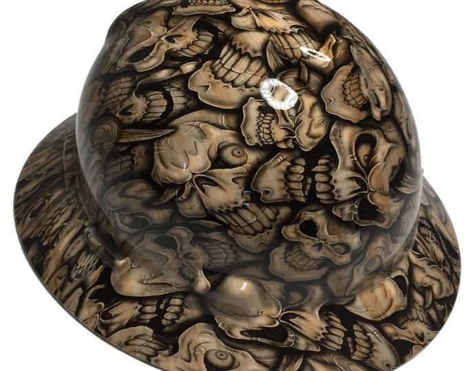 Custom Hard Hat Woodgrain Insanity Skulls MSA V-Gard Full Brim