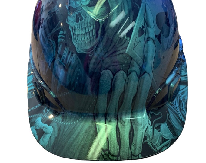 Custom Hydro Dipped Hard Hat Ridgeline Cap Style Blue Green Chameleon Ace of Skulls