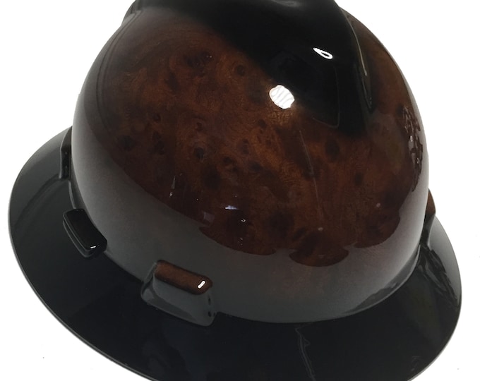 Custom Hard Hat Dark Burlwood W/ Black V and Brim MSA V-Gard Full Brim