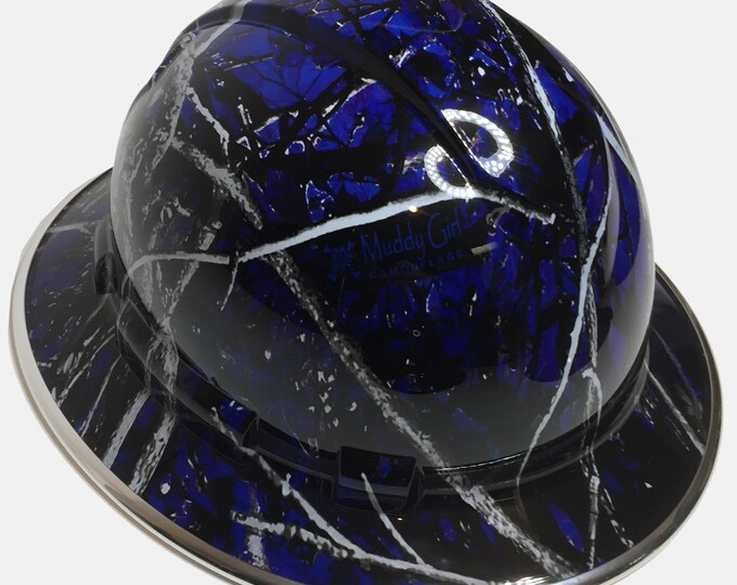 Custom Hydro Dipped Hard Hat Blue Muddy Girl Full Brim Ridgeline W/Chrome EdgeGard