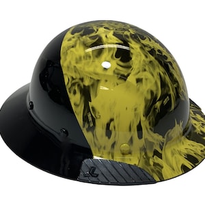 Custom Hydro Dipped Black and Yellow Flames Lift DAX Fifty 50 Carbon Fiber HDF50C-19OC  Full Brim HardHat