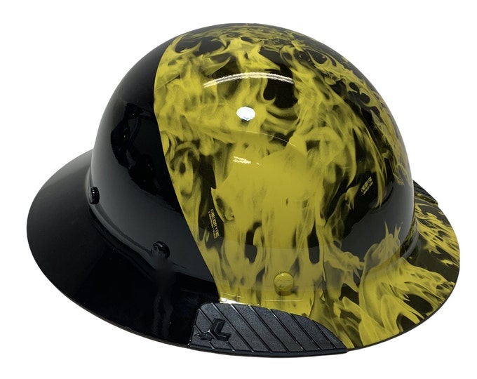 Custom Hydro Dipped Black and Yellow Flames Lift DAX Fifty 50 Carbon Fiber HDF50C-19OC  Full Brim HardHat