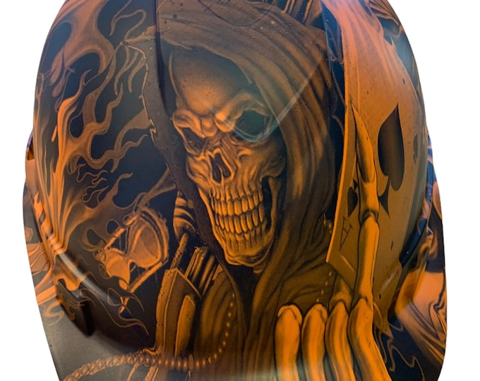 Custom Hydro Dipped Hard Hat Ridgeline Cap Style Orange Ace Of Skulls Vented