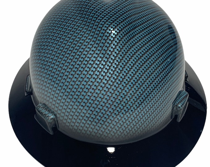 Custom Hard Hat MSA V-Gard Full Brim Teal Blue Carbon Fiber Hydro Dipped W/ Black Brim