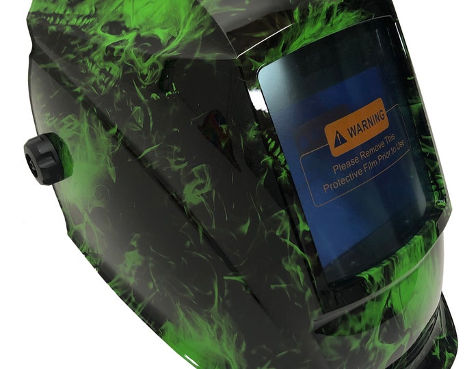 Custom Hydro Dipped Welding Mask WHAM30 Series Auto Dark Alien Green Big Flaming Skulls