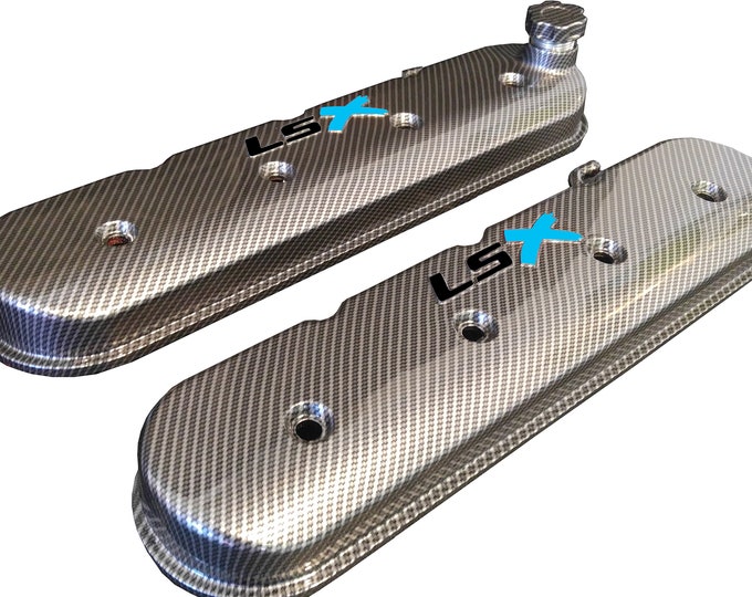 Custom Hydro Dipped LS Valve Covers 241-405 Carbon Fiber With Black LS and Light Blue X