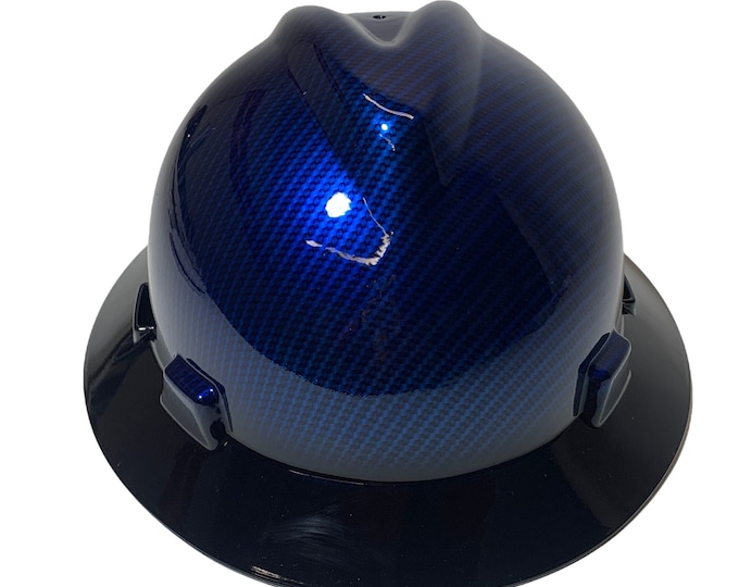 Custom Hard Hat Blue Kandy Carbon Fiber with black brim Hydro Dipped Full Brim MSA