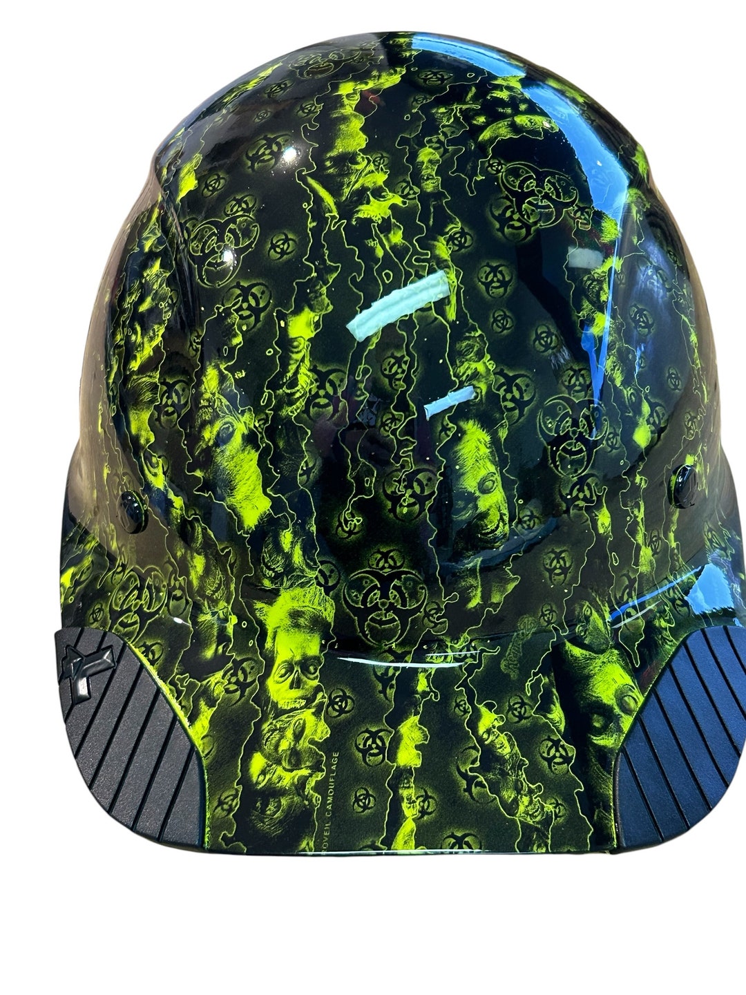 Casco Personalizzato HydroDiped Mikes Pro Lid Modello Doughboy, Colore Nero Con Teschi E Verde HiVis