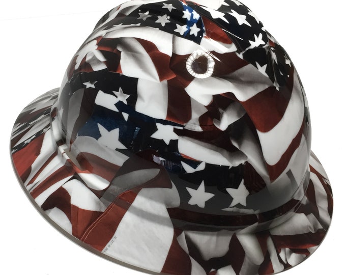 Custom Hard Hat American Flag MSA 500 Series V-Gard Full Brim 6 Point Harness