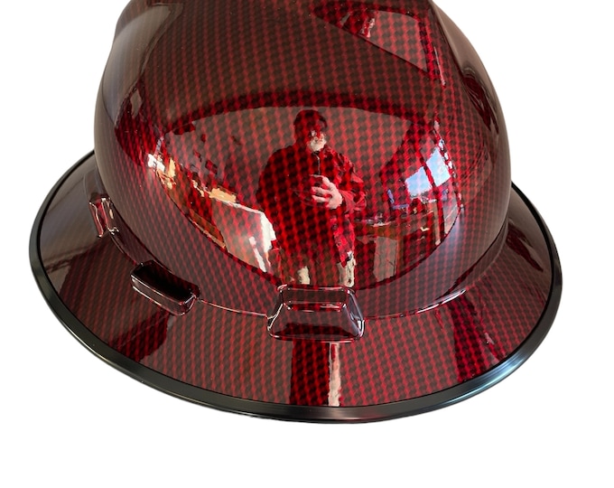 Custom Hard Hat Red Kandy Carbon Fiber Hydro Dipped MSA V-Gard Full Brim with edgegard
