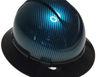 Custom Hard Hat Ridgeline Full Brim Light Blue Kandy Translucent Carbon Fiber Hydro Dipped W/ Black Brim