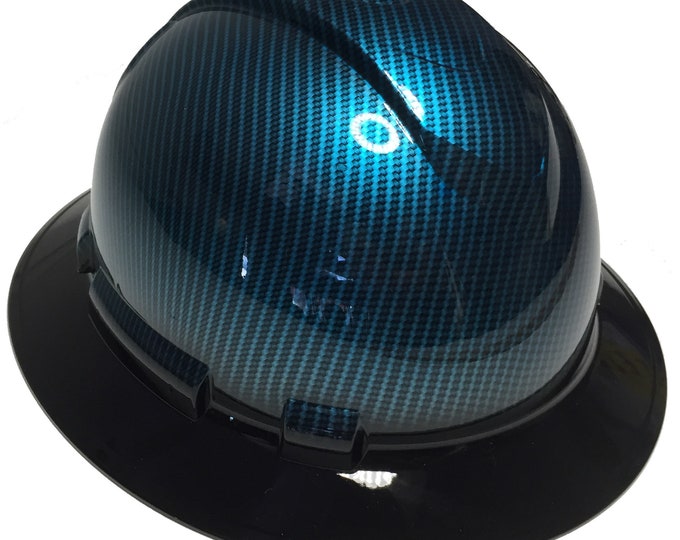 Custom Hard Hat Ridgeline Full Brim Light Blue Kandy Translucent Carbon Fiber Hydro Dipped W/ Black Brim