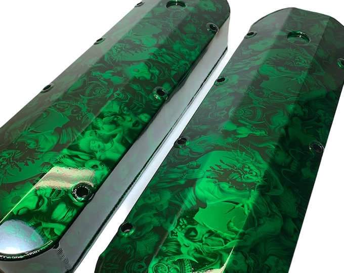 Custom Hydro Dipped Kandy Green Beauties and Demons Ford Big Block Valve Covers Mr Gasket 6874G
