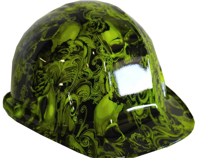 Hydro Dipped Hard Hat SL Series Cap Style Custom Hi Vis Green Filigree Skulls