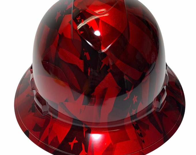 Custom Hydro Dipped Hard Hat Kandy Red American Flags Full Brim Ridgeline