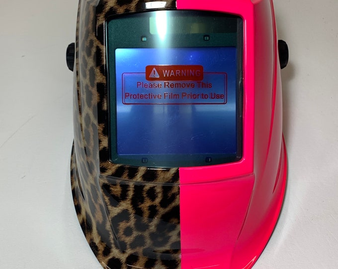 Custom Hydro Dipped Welding Mask WHAM30 Series Auto Dark Half Cheetah Print Half Hot pink