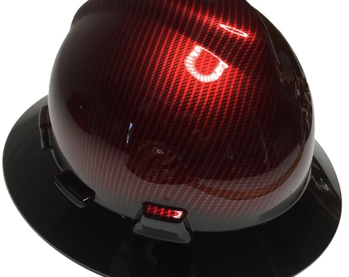 Custom Hard Hat MSA V-Gard Full Brim Kandy Red Carbon Fiber Hydro Dipped W/ Black Brim