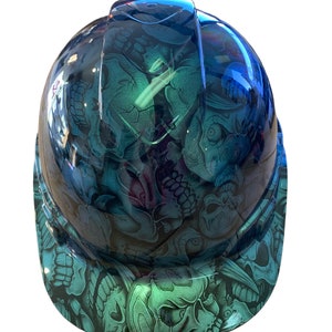 Hard Hat Ridgeline Cap Style Blue Green Chameleon Insanity Skulls Hydro Dipped