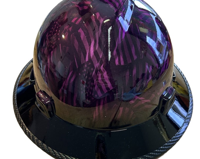 Custom Hydro Dipped Hard Hat MSA V-Gard Full Brim Kandy Purple Negative American Flags W/ Black Brim w/edgegard