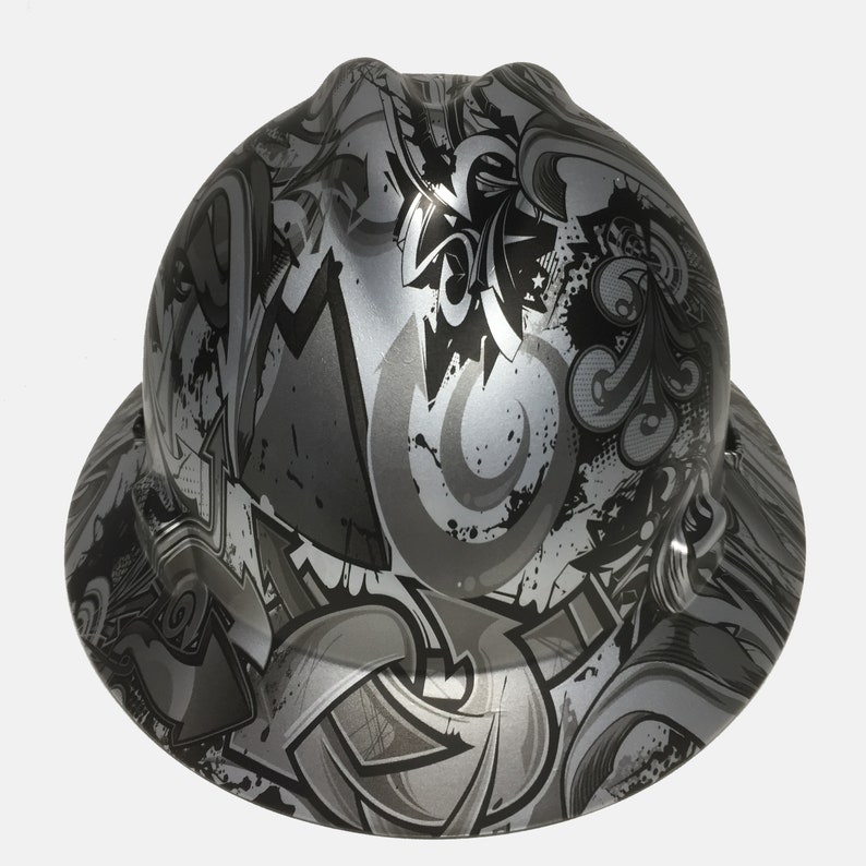 Custom Hard Hat MSA V-Gard Full Brim Silver Metallic Graffiti