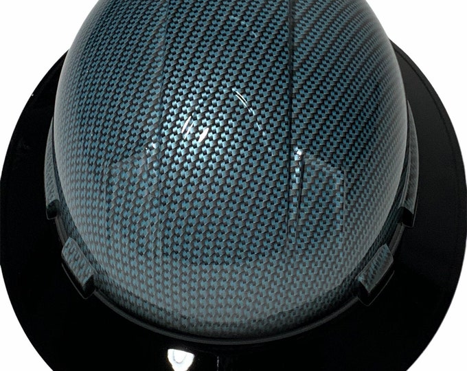Custom Hard Hat Teal Blue Carbon Fiber Hydro Dipped W/Black Rim  Full Brim Ridgeline