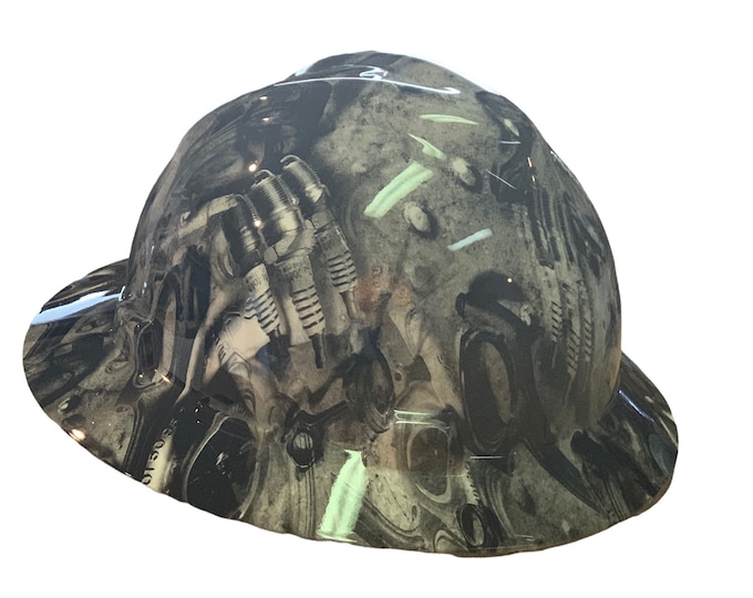 Custom White Turbos and Pistons Hard Hat MSA V-Gard Full Brim