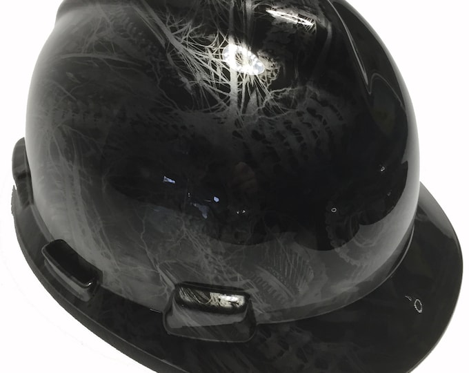 Custom Hard Hat Metallic Graphite Bio Mechanical Hydro Dipped MSA V-Gard Cap Style