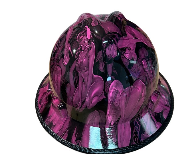 Custom Hot Pink Naughty No Evil Hard Hat MSA V-Gard Full Brim with edge gard