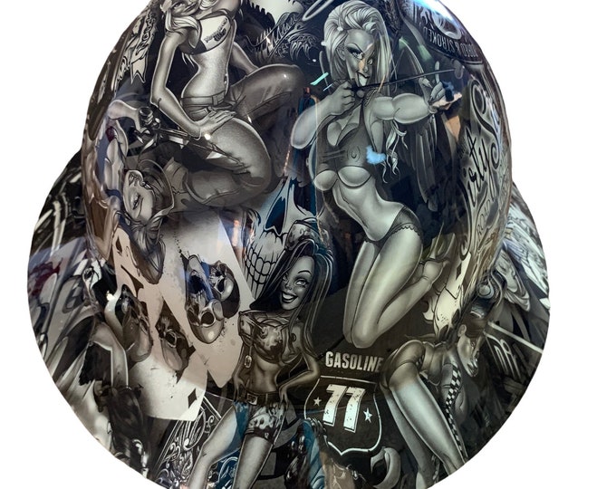 Custom White Naughty Boy Hard Hat MSA V-Gard Full Brim