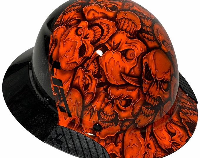Custom Hydro Dipped Black and Orange Insanity Skulls Lift DAX Fifty 50 Carbon Fiber HDF50C-19OC  Full Brim HardHat
