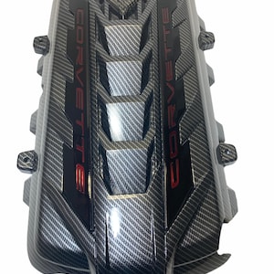 Custom Hydro Dipped 2020+ Corvette Engine Cover  Carbon Fiber w/corvette red letters