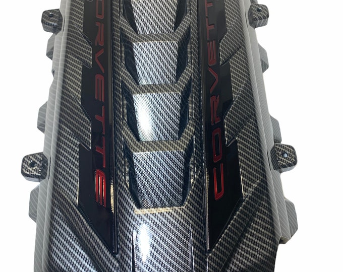 Custom Hydro Dipped 2020+ Corvette Engine Cover  Carbon Fiber w/corvette red letters
