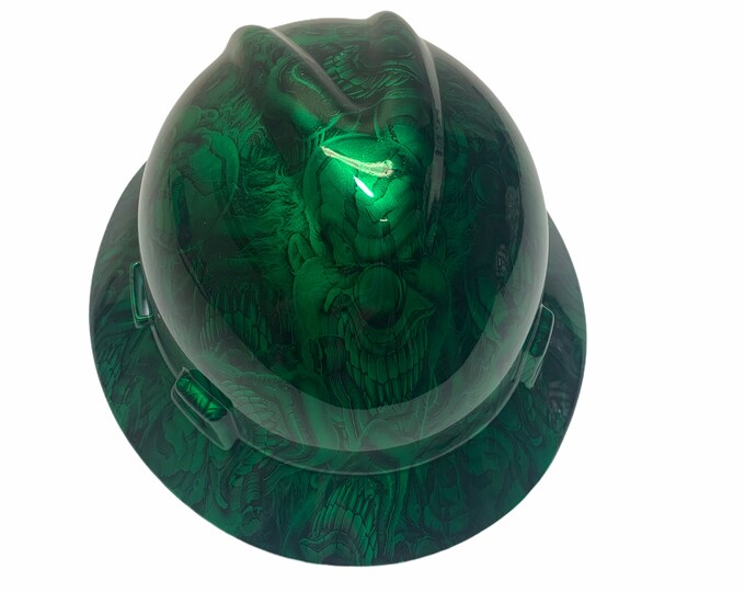 Custom Hard Hat Kandy Green Boss Skulls MSA V-Gard Full Brim