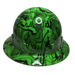 Hydro Dipped Custom Hard Hat Alien Green Graffiti Pyramex SL Series Sleek Shell Full Brim