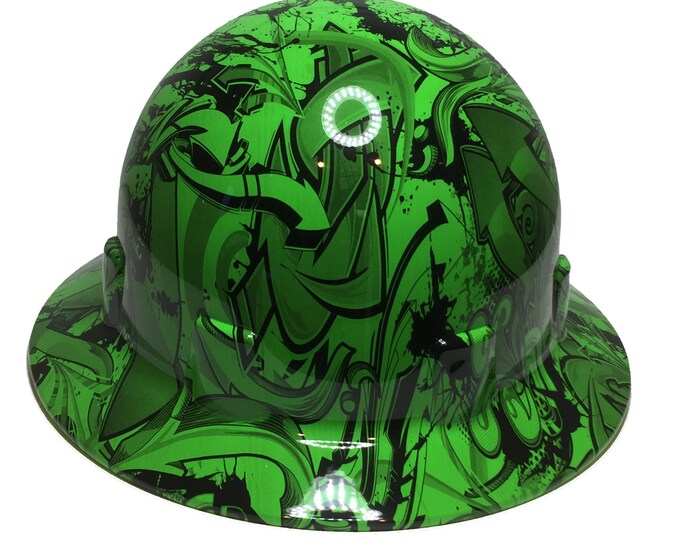 Hydro Dipped Custom Hard Hat Alien Green Graffiti Pyramex SL Series Sleek Shell Full Brim
