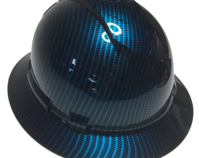 Custom Hard Hat Carbon Fiber Hydro Dipped W/ Light Blue Translucent Finish Full Brim Ridgeline