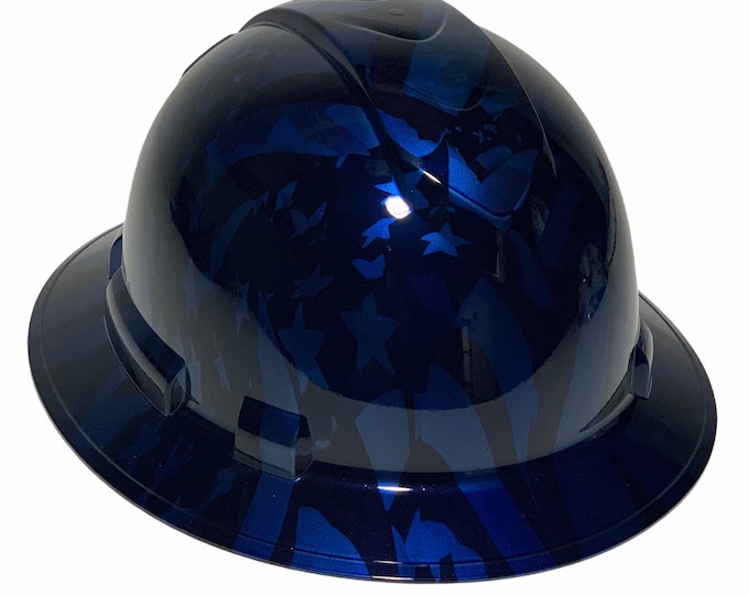Custom Hydro Dipped Hard Hat Translucent Blue American Flags Full Brim Ridgeline