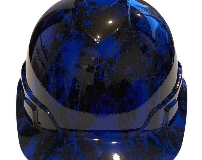 Custom Hydro Dipped Hard Hat Dark Blue Small Flaming Skulls Cap Style