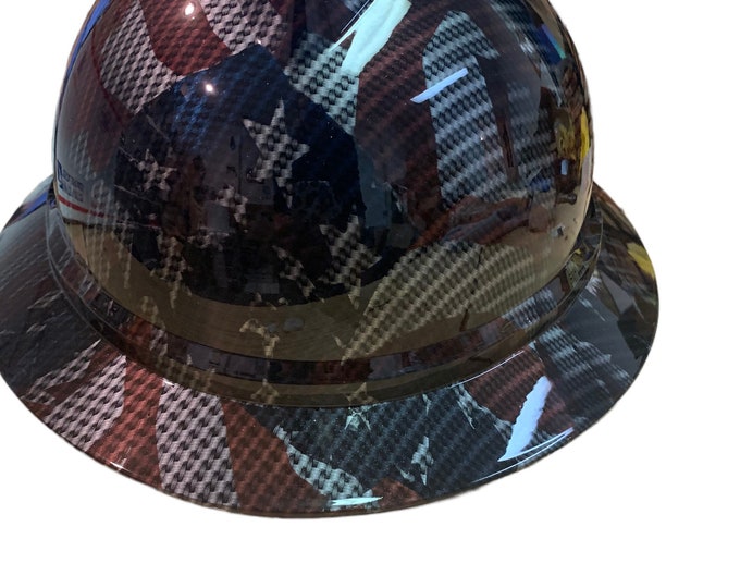 Hard Hat MSA V-Gard 500 Vented Full Brim Custom Carbon Fiber American Flags Hydro Dipped