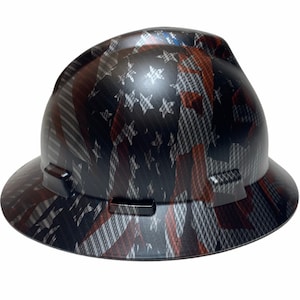 Custom Hard Hat Hydro Dipped Carbon Fiber American Flags S MSA V-Gard Full Brim