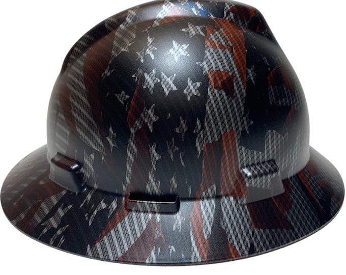 Custom Hard Hat Hydro Dipped Carbon Fiber American Flags S MSA V-Gard Full Brim